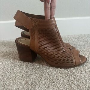 Vince Camuto Lavette Brown Leather Peep Toe High Heel Booties